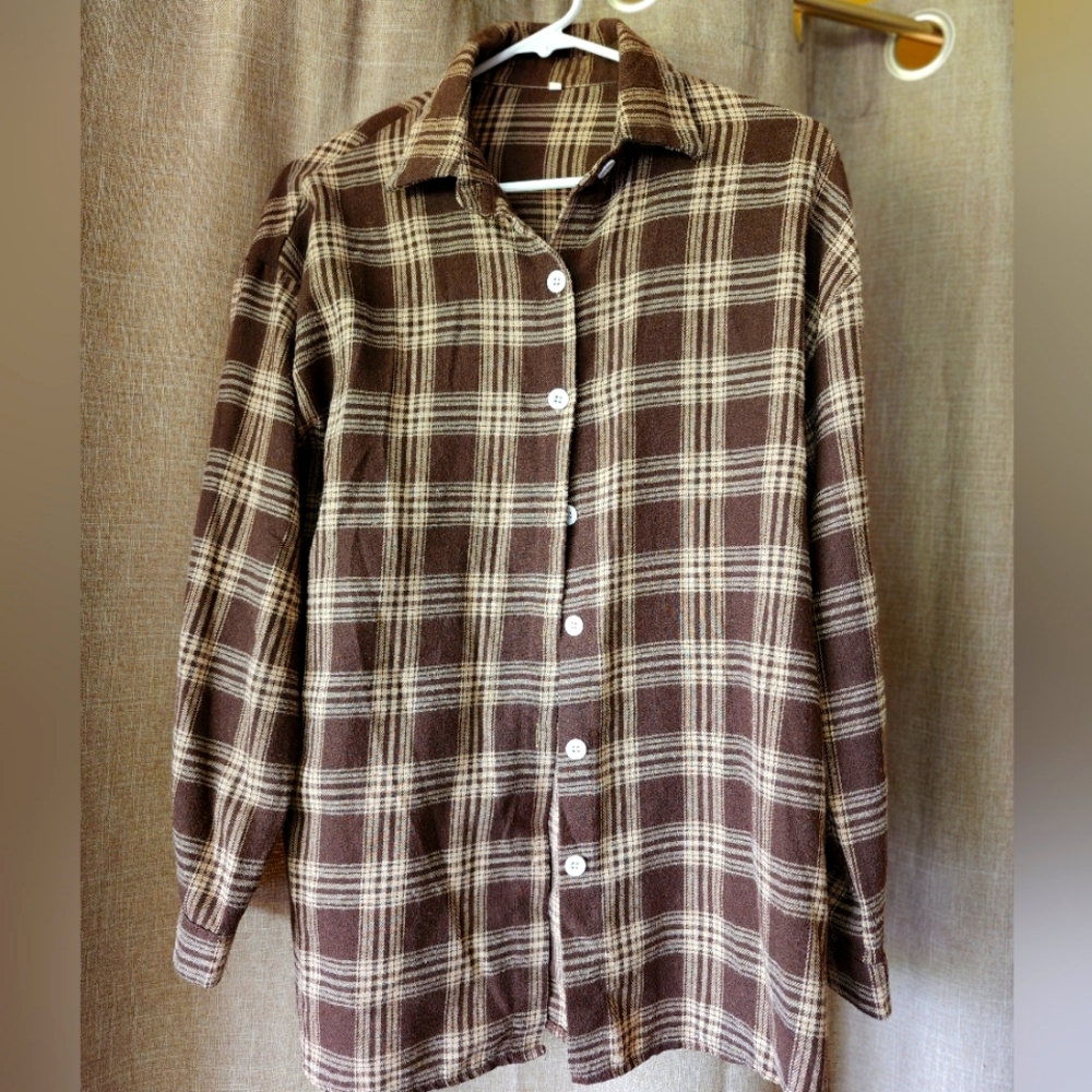 Brown plain light flannel shirt.